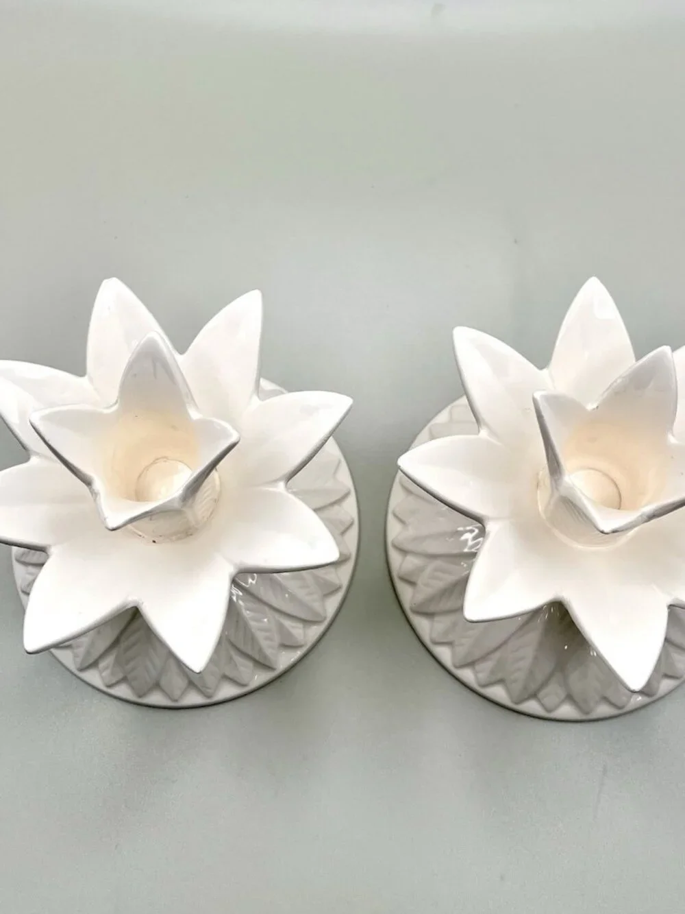 VTG Fitz & Floyd 1976 White Ceramic Lotus Flower Candle Holders Hollywood Lily